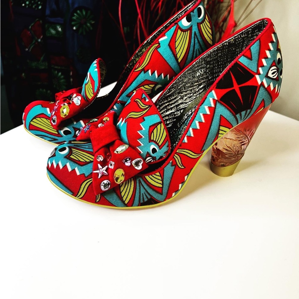 Irregular Choice Red and Teal Geometric Print Sculpted Heels - Picture 3 of 4